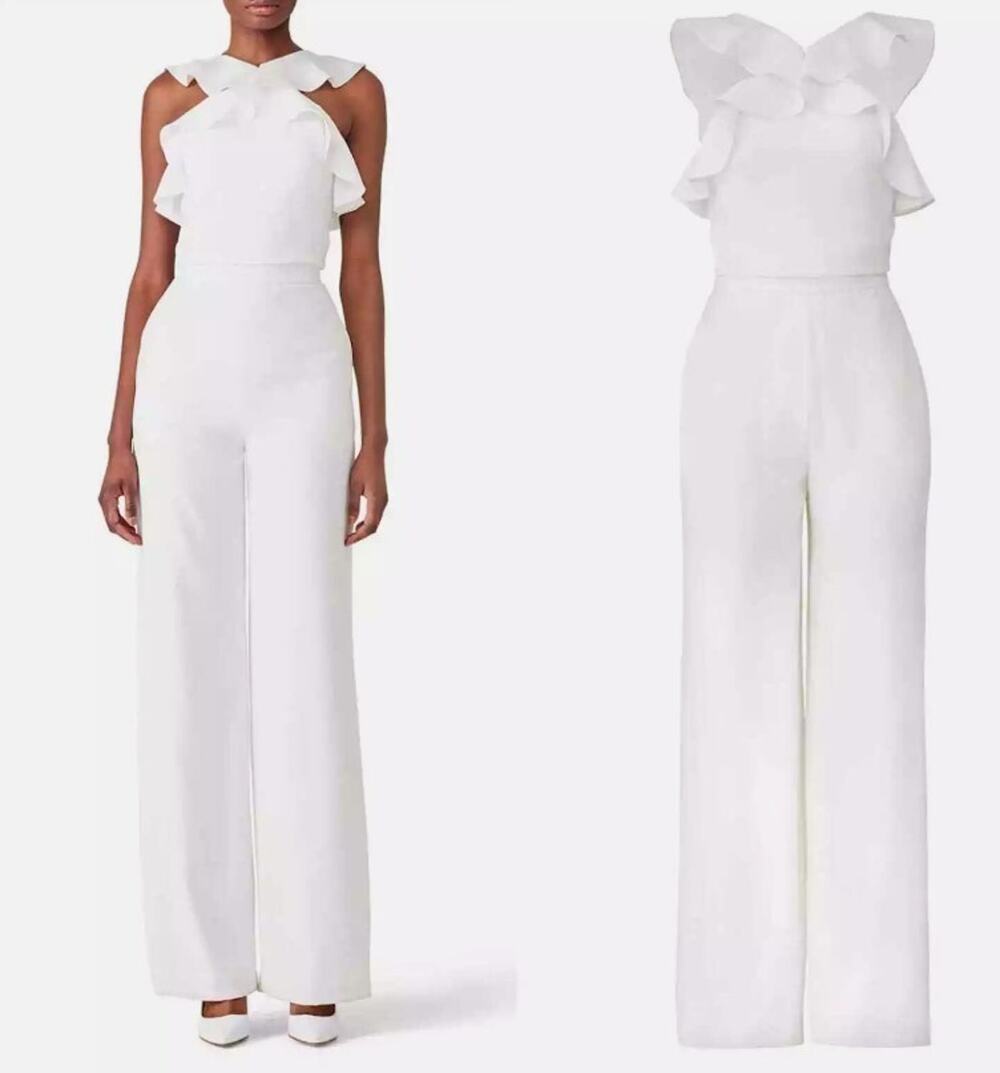 ML MONIQUE LHUILLIER Ruffle Halter Wide Leg Jumpsuit in White Size 6 $495
